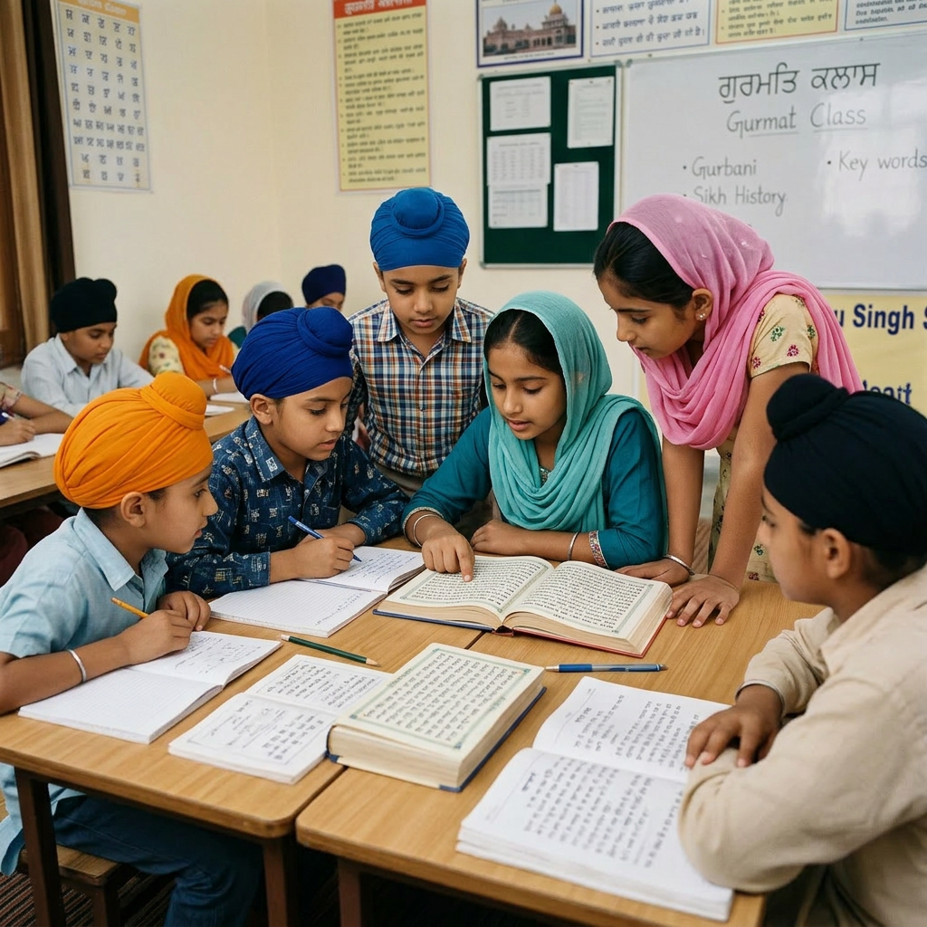 Sikh teacher instructing children in a Gurmat education classroom with books open on tables